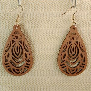 BOHO BROWN WOODEN Bohemian Teardrop Laser Cut 3.5" Earrings